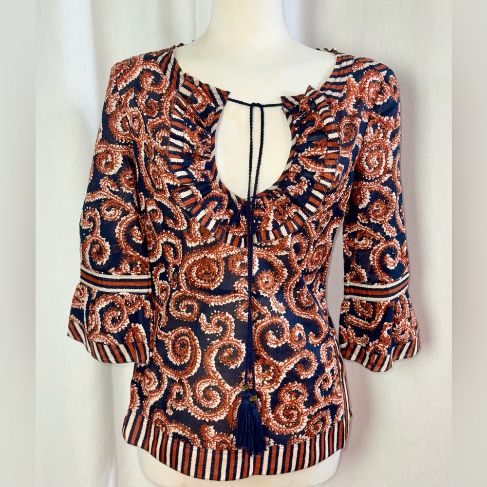 Tory Burch Gwenna Tunic Blouse Sz 2 Cotton 3/4 Sleeve Swirl Print Navy Rust Boho